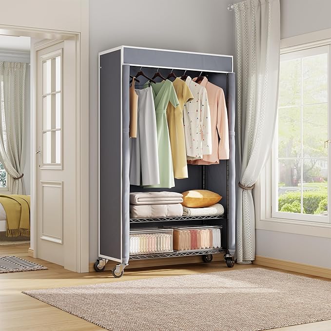 H4 Heavy Duty Clothes Rack with Cover, Rolling Garment Rack on Wheels, Portable Closet for Hanging Clothes, Black Clothing Rack with Grey Cover, Max Load 380LBS