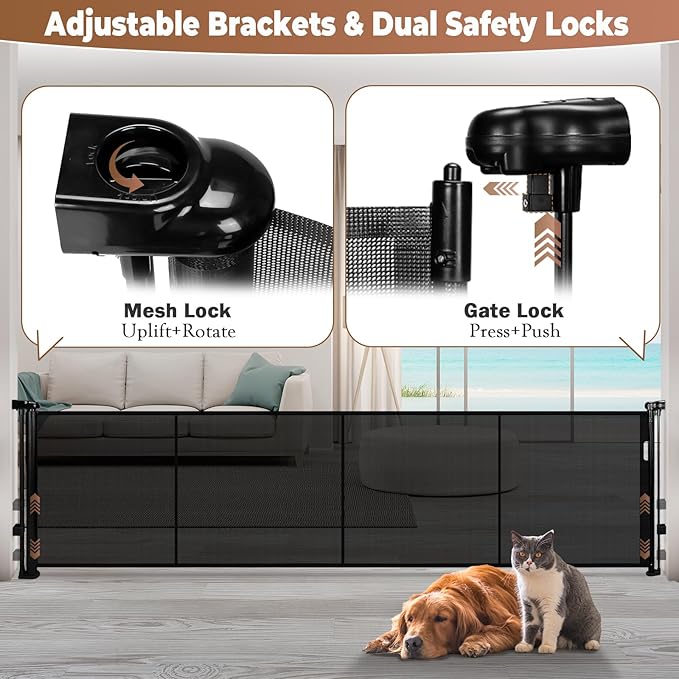 160" Retractable Baby Gate Extra Wide, 41" Tall Retractable Dog Gate for Stairs, Doorways, Decks, Mesh Gate Long Child Gate Pet Gate for Indoor, Outdoor, with Reinforced Mesh Rods, Dual Locks