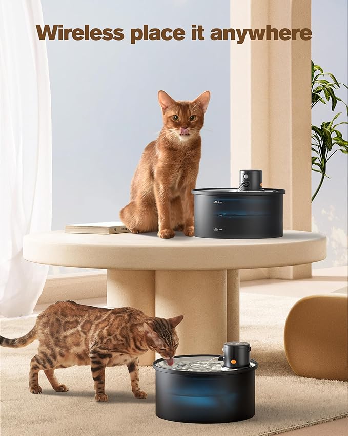 Wireless Cat Water Fountain Cordless: 108oz/3.2L Battery Operated Pet Fountain with Stainless Steel Water Tray + Plastic Barrel (Cat Fountains with 8 Filters & 8 Sponges)