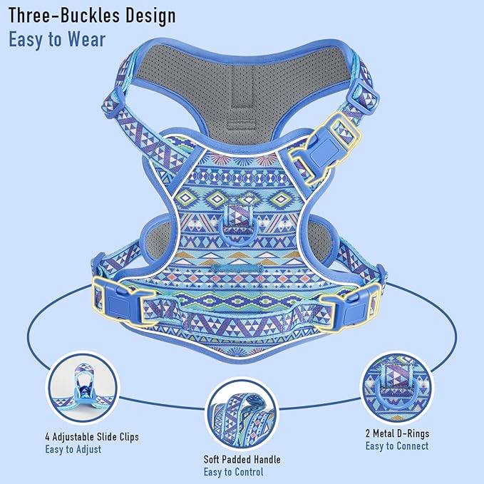Dog Harness for Medium Large Dogs, No Pull Pet Harness with 2 Leash Clips, Adjustable Soft Padded Dog Vest, Reflective Pet Oxford Vest with Easy Control Handle, Blue Ethnic M