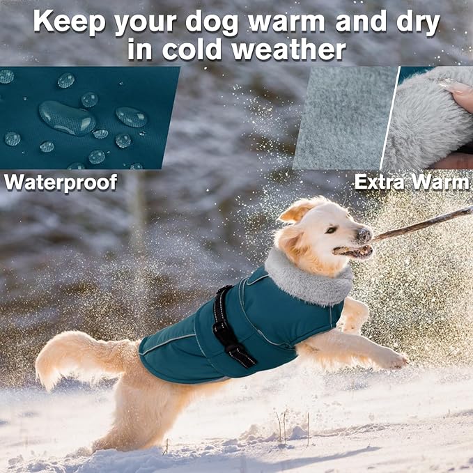 Lelepet Warm Dog Coat Reflective Fleece Vest Waterproof Dog Jacket with Adjustable Buckle Hook & Loop Windproof Cold Weather Coats for Small Medium Large Dogs, Dark Green, M