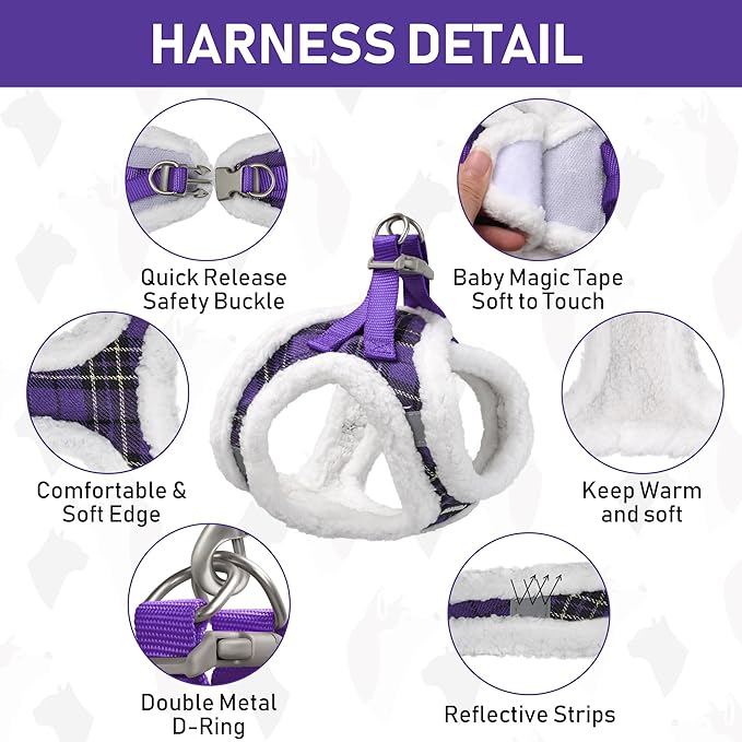 GAMUDA Small Dog Harness Collar and Leash Set, Step in No Chock No Pull Soft Mesh Adjustable Dog Vest Harnesses Plaid Reflective for Dogs Puppy Cats Kitten Rabbit (Warm Purple, S)