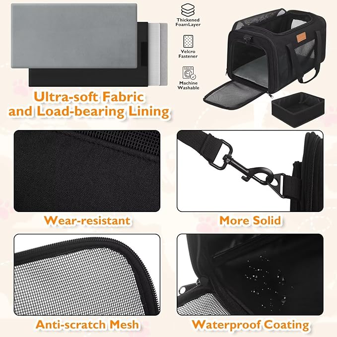 PETUX Pet Carrier Airline Approved - 17"x11"x9.5" Cat Travel Carrier with Litter Box for Small Cats up to 12 lb - Top Open Portable TSA Approved Pet Carrier in Cabin for Travel and Vet Visit - Black