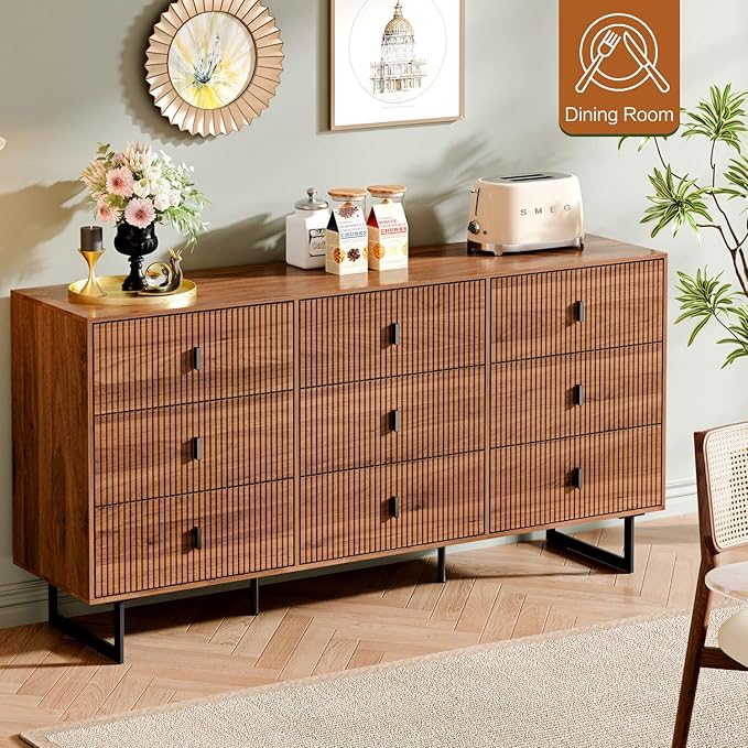 Modern Chest of Drawers with 9 Drawers,Deep Drawers,Clothes Organizer,Large Storage Cabinet for Living Room, Bedroom,Hallway,with Anti-Tipping Device, Walnut.