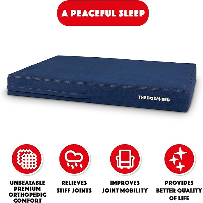 The Dog’s Bed Orthopedic Memory Foam Dog Bed, XXL Blue Denim54x36, Pain Relief for Arthritis, Hip & Elbow Dysplasia, Post Surgery, Lameness, Supportive, Calming, Waterproof Washable Cover