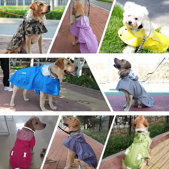 Waterproof Dog Raincoat, Adjustable Reflective Lightweight Pet Rain Clothes with Poncho Hood(X-Small, Blue&Grey)