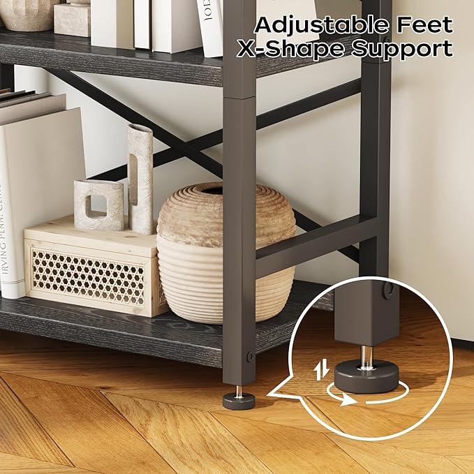 Homeiju Organization and Storage,Tall Bookcase with Shelves, Wood and Metal Book Shelf Storage Organizer, Industrial Display Standing Shelf Unit for Bedroom, Living Room, Black