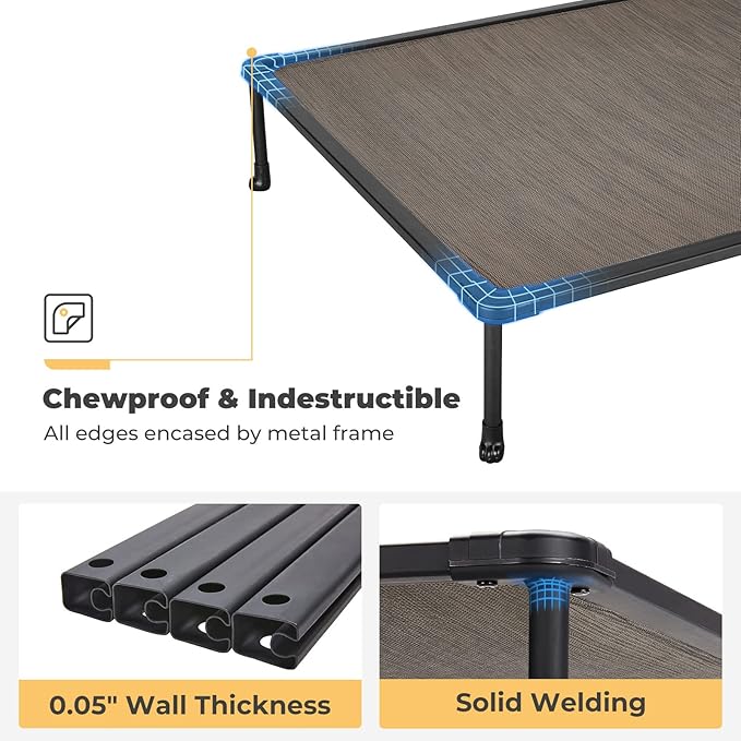 Veehoo Chewproof Elevated Dog Bed - Cooling Raised Pet Cot, Breathable Mesh, Washable & Non-Slip for Large Dogs, Indoor/Outdoor, Brown Mat and Black Frame, 59x37inches (Model CWC2203A03)