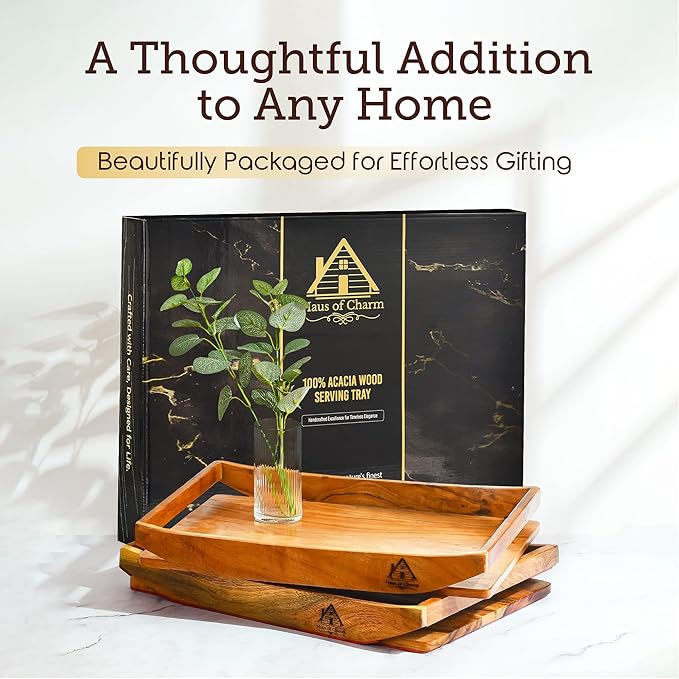 Solid Acacia Wood Tray - Large Breakfast in Bed & Coffee Table Wooden Tray - Food-Safe, Gift-Ready Packaging - Complimentary Rubberwood Catchall - 17x13