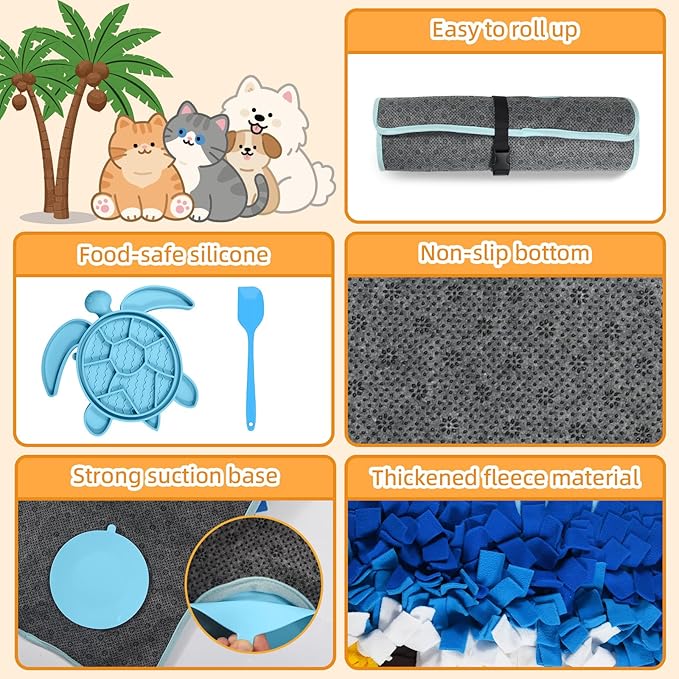 Dog Snuffle Mat for Dogs Large Breed with Turtle Lick Mat, Interactive Dog Toys Puzzle Enrichment Toys, Dogs Food Mat, Ideal for Pets to Reduce Boredom Slow Eating (2-in-1)