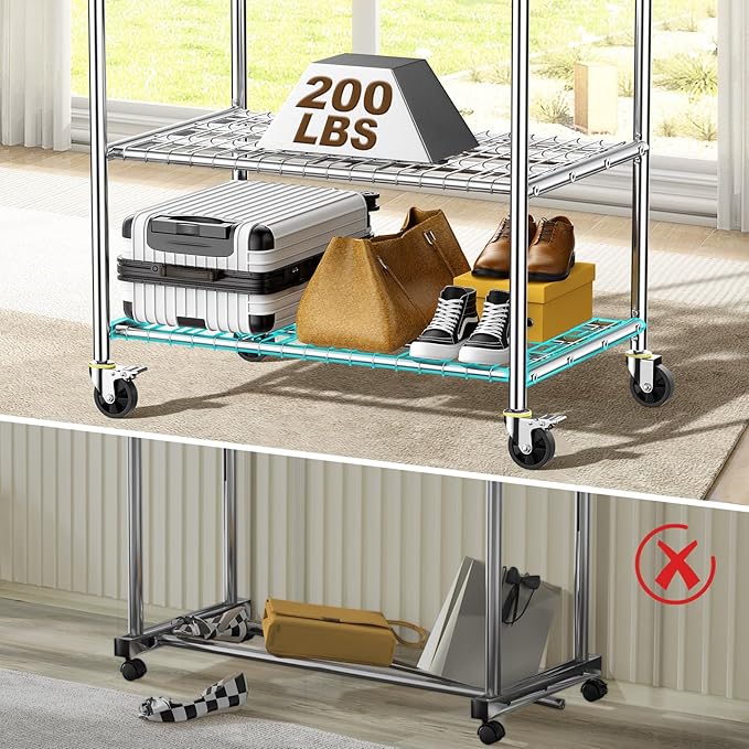 100% Stainless Steel Heavy Duty Clothes Rack, Load 960LBS, Double Rod, Extendable Rolling Garment Rack with Shelves, Modern Style, Recommended for Clothes & Accessories