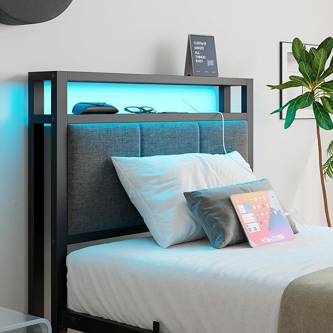 Twin Bed Frame with Charging Station and LED Lights,Upholstered Headboard with Storage Shelves,Heavy Duty Metal Slats, No Box Spring Needed,Noise Free, Easy Assembly,Black and Dark Grey