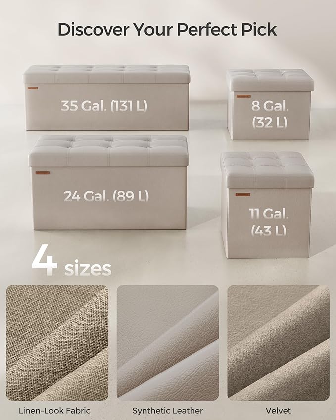 SONGMICS Mazie Collection - 43 Inches Folding Storage Ottoman Bench, Ottoman with Storage, Foot Rest Stool, Load 660 lb, for Living Room, Synthetic Leather, Camel Brown ULSF070K03