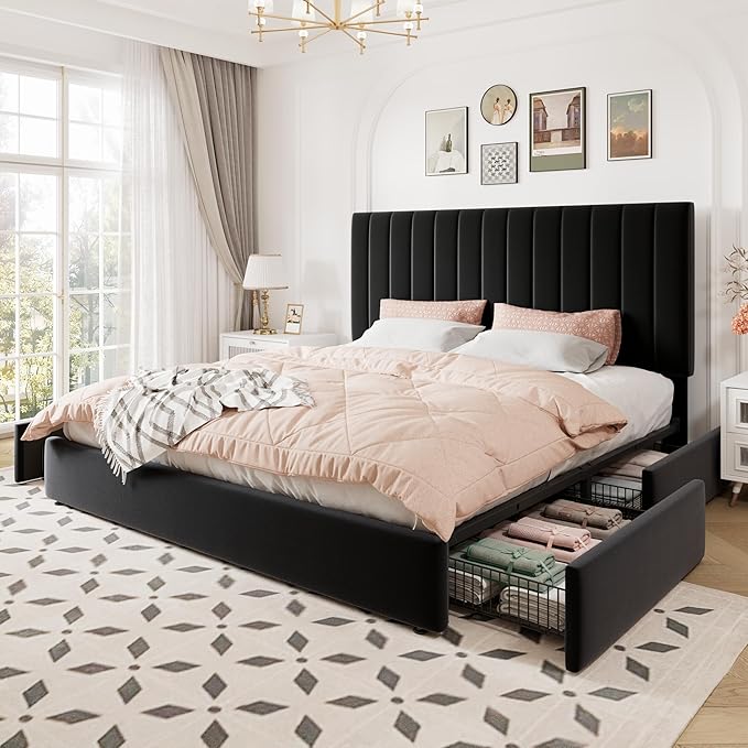 Allewie King Size Storage Bed Frame, Vertical Channel Tufted Adjustable Headboard, Velvet Upholstered Platform Bed with 4 Oversized Underbed Drawers, Wooden Slats Support, No Box Spring Needed, Black