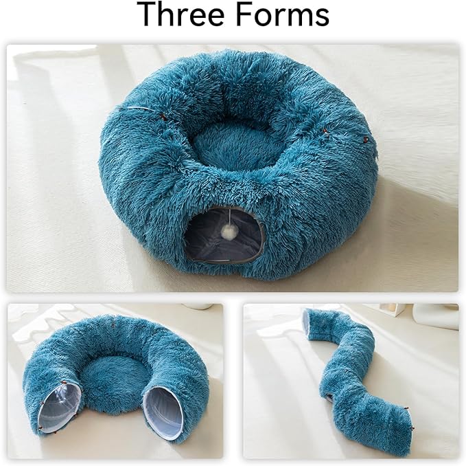 HIPIPET Winter Plush Cat Tunnel with Cat Bed for Indoor Cats,Multifunctional Cat Toys for Small Medium Large Cat.(Blue)
