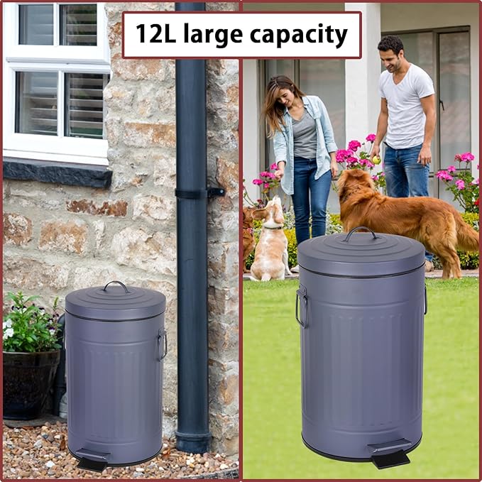 Dog Poop Trash Can with Lid for Outdoors,3.2 Gallon Trash Can with Activated Carbon Filter & Plastic Bags, Pet Waste Container,UP12L-GY-Y+90BK