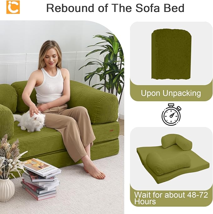 COMAX Folding Sofa Bed Queen, 4-in-1 Convertible Foldable Floor Couch Futon Sofa with Armrests, Sleeper Mattress Fold Out Chair Bed Comfy Portable Lounge Guest for Living Room Bedroom, Light Green