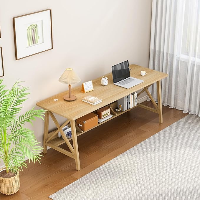 Extra Long Desk with Bookshelf - Wooden Home Office Work Study Table, 2-Person Writing Computer Workstation with Storage Shelf in Oak, 63" Wx20 Dx30 H