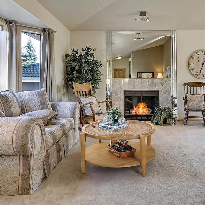 RUSTOWN Rattan Coffee Tables,2-Tier Round Boho Cocktail Tables, Mid Century Modern Coffee Table with Rattan & Tempered Glass Top and Wood Legs, Sofa Table for Living Room(Natural)