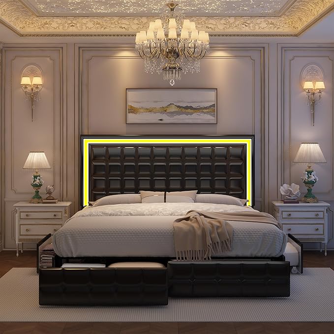 Queen Bed Frame with LED Lights & Storage Drawers, No Box Spring Needed, Heavy Duty 900lbs Weight Capacity, Easy Assembly, Modern Upholstered Platform Bed, PU Black