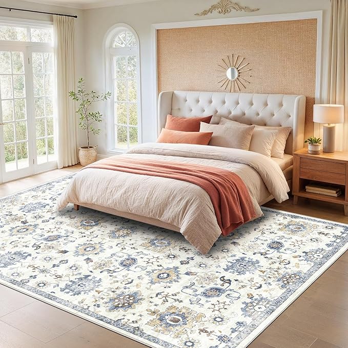 AMADA HOMEFURNISHING 8x10 Washable Area Rug, Low-Profile Large Area Rug with Non-Slip Backing & Durable Edge Binding, Vintage Large Rugs for Living Room, Bedroom, Dinning Room