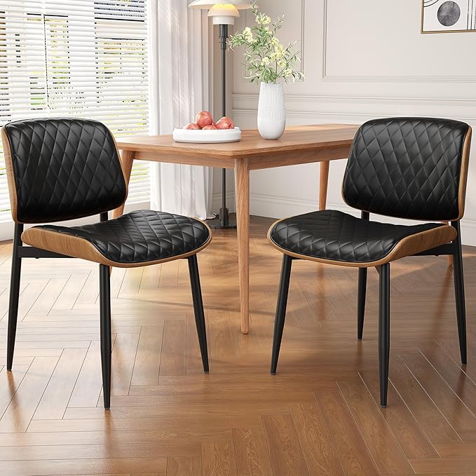 Dining Chairs Set of 8, Mid-Century Modern Upholstered PU Leather Chairs with Walnut Back and Metal Legs Adjustable Feet for Kitchen Dining Room, Black Diamond Plaid