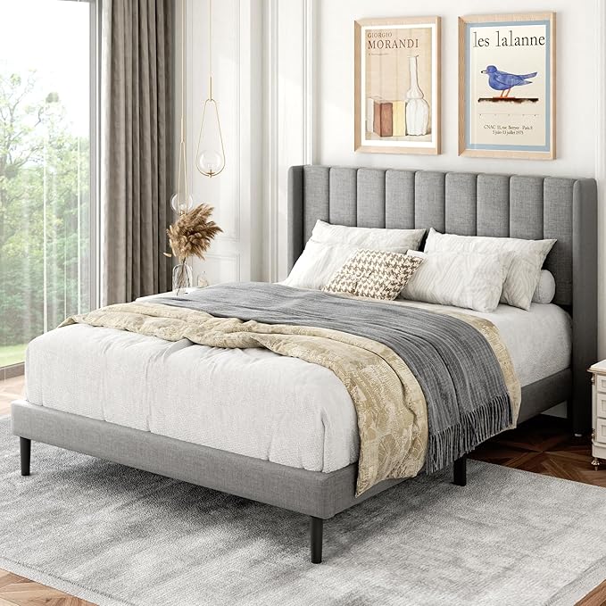 Full Size Bed Frame with Upholstered Wingback Headboard, Easy Assemnly Platform Bed, Wooden Slat Support No Box Spring Needed, Light Gray