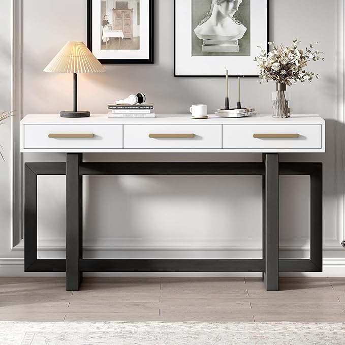 Amposei Contemporary Entryway Console Table 57-Inch Extra Long Minimalist Entry Sofa Table with Storage Drawers for Living Room Hallway, Gray & White