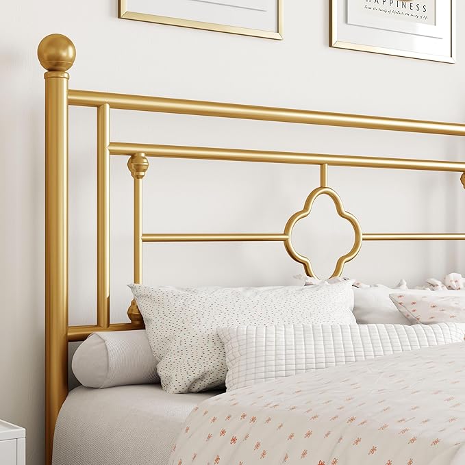 SHA CERLIN 14 Inches Full Size Metal Platform Bed Frame/Vintage Iron-Art Headboard and Footboard/Mattress Foundation for Storage/No Box Spring Needed/Noise-Free/Easy Assembly/Gold