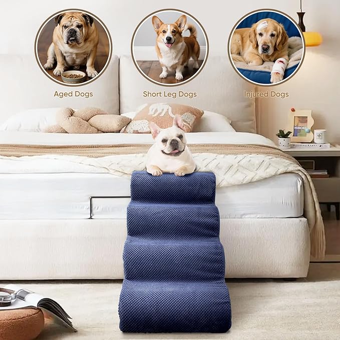 PAWSCART Dog Stairs for Small Pets, 22.8" H with 30D Material Soft Foam, Portable Ramp Non-Slip Surface Non-Slip for Couch and High Bed Climbing, 5-Step Stairs for Cat or Dog, Blue