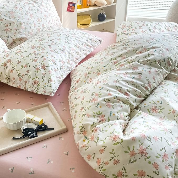 EAVD Garden Style Pink Floral Comforter Set Queen White Soft Microfiber Chic Floral Leaves Pattern Bedding Set with 2 Pillowcases Vintage Botanical Comforter Set for All-Season