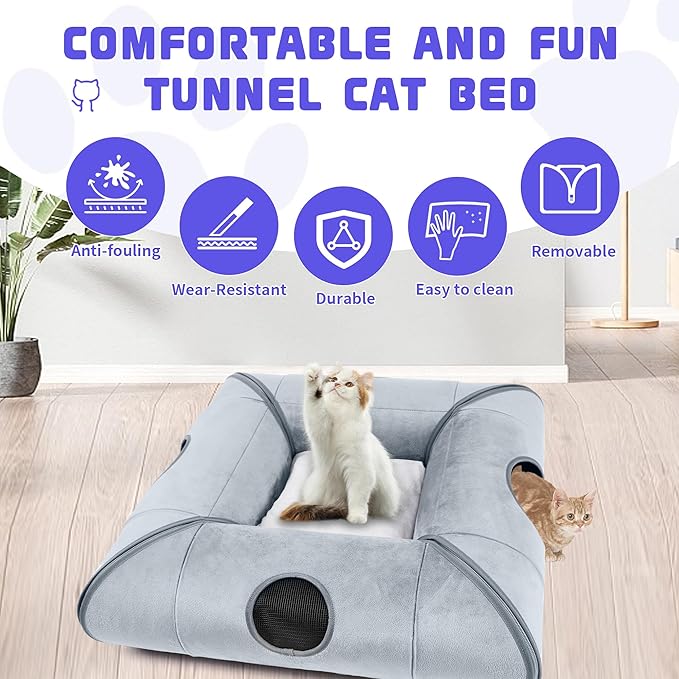 Indoor Cat Cave Bed, Sturdy and Scratch Resistant Removable Cat Tunnel Bed with Removable Soft Pad,Suitable for Small Cats (Gray)