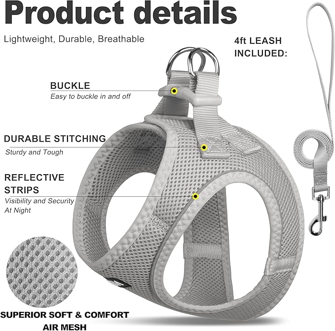 Fida Cat Harness and Leash Set for Walking Kitten and Puppy, Escape Proof Kitten Harness with Breathable Lightweight Soft Mesh, Adjustable Reflective Step-in Design for Kitten and Puppy.(XXXS, Grey)