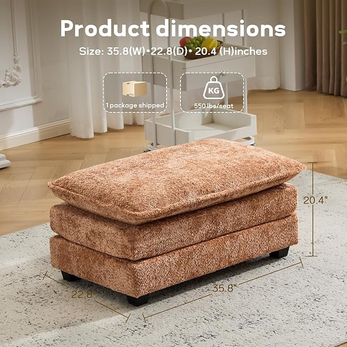 Ottoman for Modular Sectional Sofa, Deep Seat Ottoman for Living Room, Bedroom and Entrance (Orange)