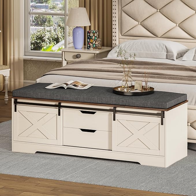 Farmhouse Storage Bench with Cushion, Shoe Rack with Slide Barn Doors, Adjustable Shelf and 2 Drawer for Entry, Bedroom, Closet, Living Room, Hallway (White Brown, 59.8 in)