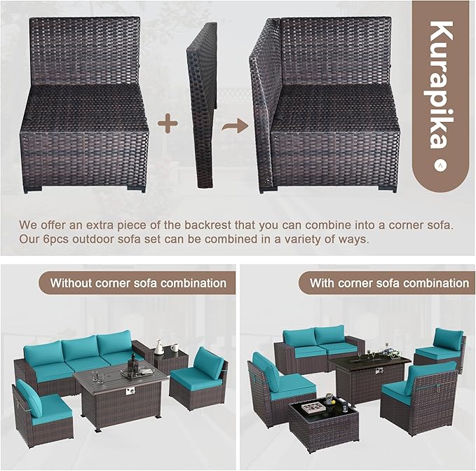 Kurapika 10 Pieces Patio Furniture Set, Rattan Wicker Outdoor Conversation Sets w/43in Propane Fire Pit Table, Swivel Rocking Chairs Patio Sectional Sofa w/4 Inch Cushion, Blue