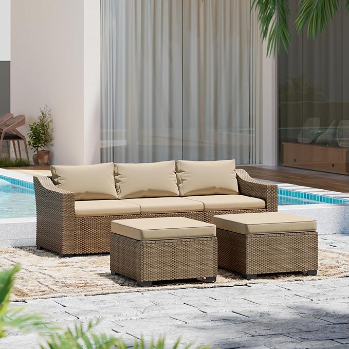 LHBcraft Patio Conversation Set Rattan Outdoor Sectional Furniture Sofa Set Wicker Couch with Coffee Table and Cushions for Poolside, Backyard (Yellow-Beige, 5-PCS)