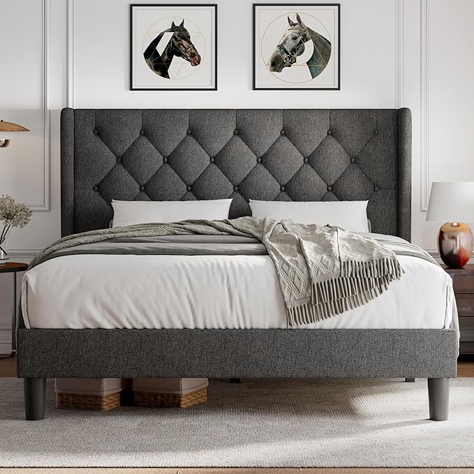 iPormis Queen Size Platform Bed Frame with Button Tufted Headboard, Upholstered Bed Frame with Solid Wooden Slats, 8" Underbed Space, No Box Spring Needed, Noise Free, Easy Assembly, Dark Gray