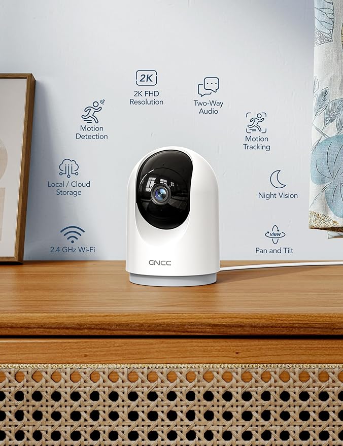 GNCC Indoor Security Camera, 2K Cameras for Home Security with Motion Detection, Baby/Pet Camera with Phone App, Night Vision, 2-Way Audio, Works with Alexa & Google Home, 2.4G WiFi (only)