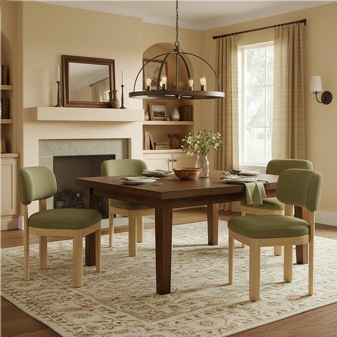 Green Upholstered Dining Chairs Set of 2 Chenille Fabric Dining Room Chairs Modern Barrel Kitchen Chairs with Curved Backrest and Wooden Legs