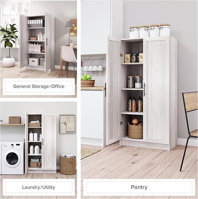 Prepac Elite Storage Accent Cabinet with Panel Doors, Rustic White Cupboard, Bathroom Cabinet, Pantry Storage with 3 Shelves 16.75" D x 32" W x 65" H