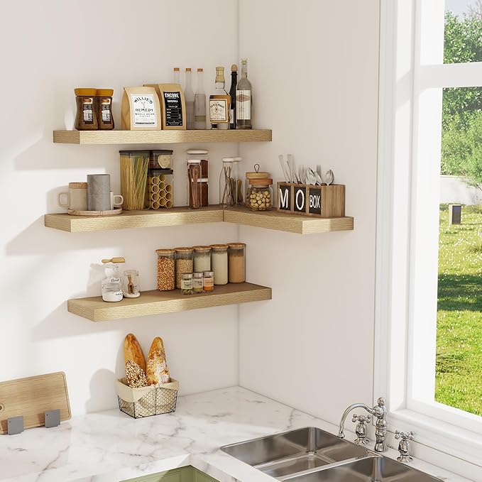 Fun Memories Floating Shelves for Wall, 32W x 8D Floating Wall Shelves with Invisible Brackets Set of 2, Hanging Rustic Wood Shelf Decoration for Bedroom, Bathroom, Living Room and Kitchen, Oak