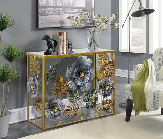 Console Table, Vintage Art Sofa Table with Metal Flower Decor, Narrow Entryway Tables with Glass Mirror Tabletop Behind Sofa, Narrow Accent Table for Entryway Living Room Hallway Bedroom