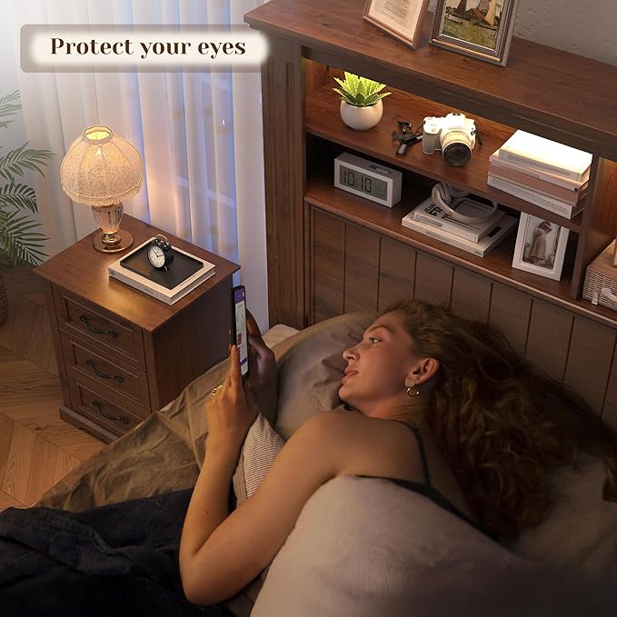 EnHomee Full Size Bed Frame with Headboard and Storage, 4 Drawers and LED Built in Charging Station Full Bed Frame with Storage Farmhouse, NO Noise,No Box Spring Needed,Brown