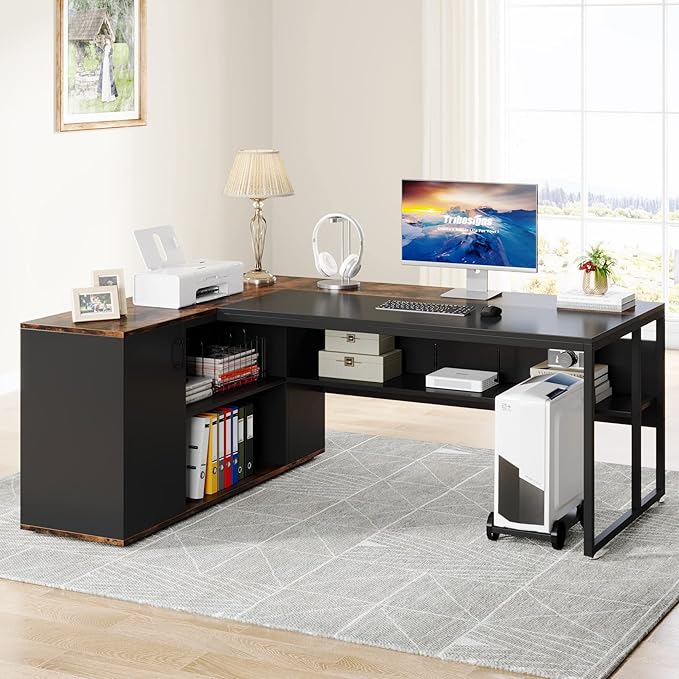 LITTLE TREE Large Computer Desk with File Cabinet, 71 inch Executive Desk L Shaped Office Desk, Business Furniture Desk Workstation for Home Office, Brown