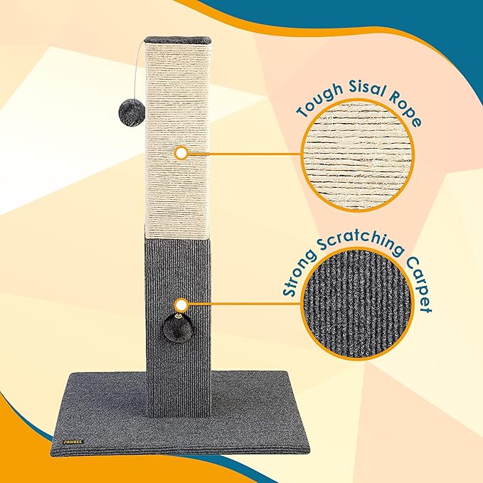 PAWBEE Cat Scratching Post - Tall 32” Sisal Rope Cat Scratch Post + Jingle Bell & Softball - Playful, Quality, & Sturdy - Scratcher Pole Tower - Scratching Posts for Indoor Cats Adults Large Cats