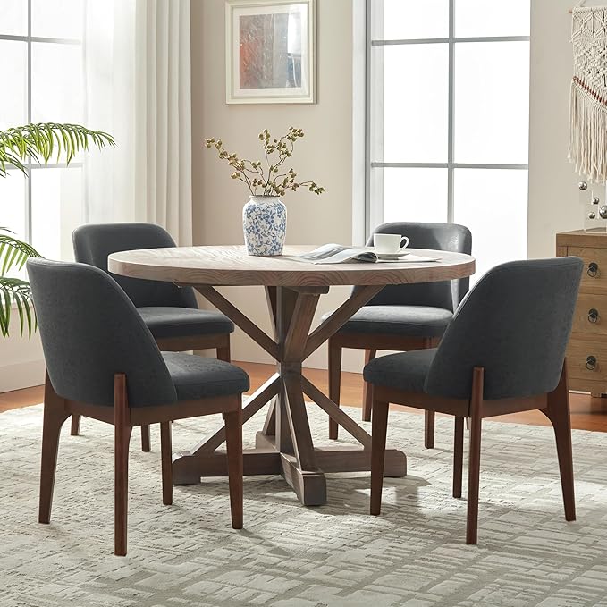 VKNOW Modern Dining Chairs, Faux Leather Kitchen Chairs with Wood Legs, Upholstered Side Chair for Kitchen Dining Room (Black, Set of 6)