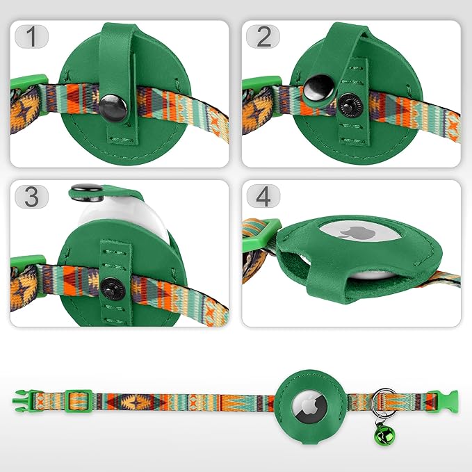 Airtag Cat Collar with Bell - Non Breakaway Soft Pet Collar with Leather Air Tag Holder - Adjustable GPS Anti-Lost Collars for Girl Boy Cats Kitten Puppies, Lightweight and Patterned (Mexican Green)