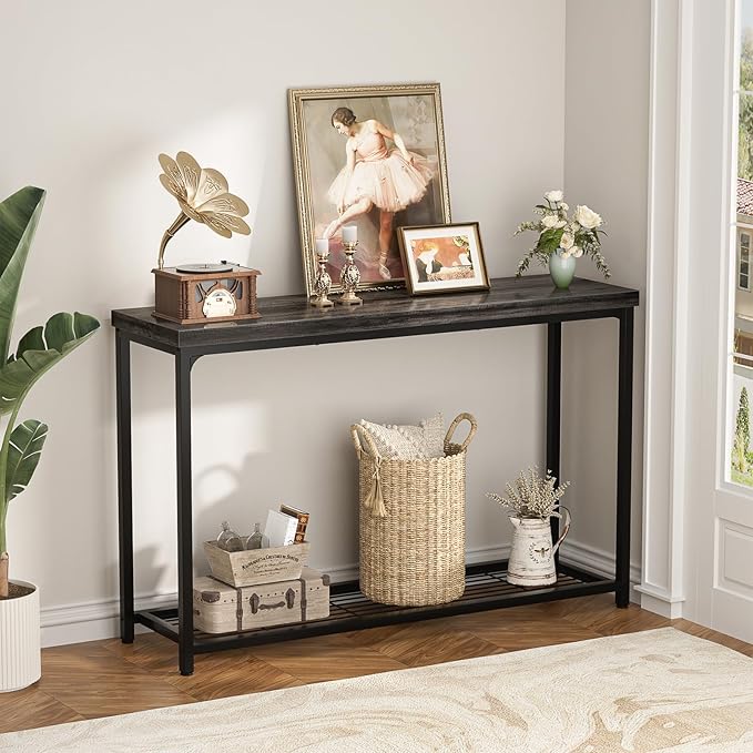 47" Console Table with Storage, 2 Tier Narrow Entryway Table, Sofa Table with Mesh Shelves, Console Tables for Living Room, Bedroom, Hallway, Entryway, Foyer, Oak Grey