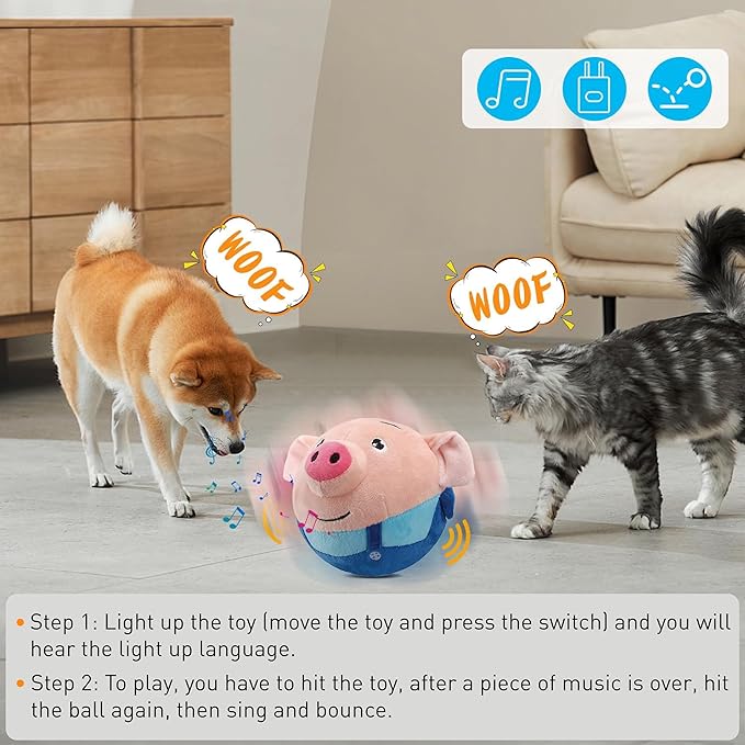 Active Pet Plush Sound Dog Toy, Interactive Ball - Washable Cartoon Pig, Squeaky Dog Toys for Indoor Play (Blue Pig)